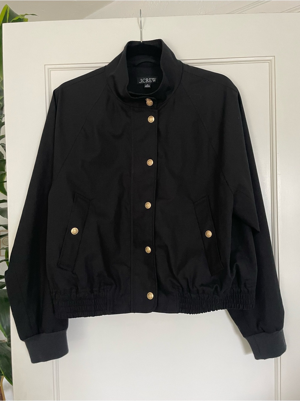 J. Crew Black Cotton Blend Flight Bomber Jacket with Gold Buttons, Size M.